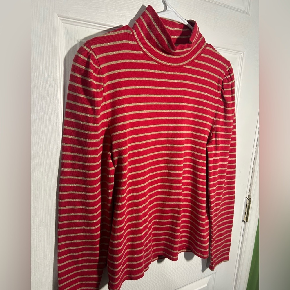 J. Crew Puff-sleeve sparkle stripe turtleneck red gold size XL - Picture 3 of 13